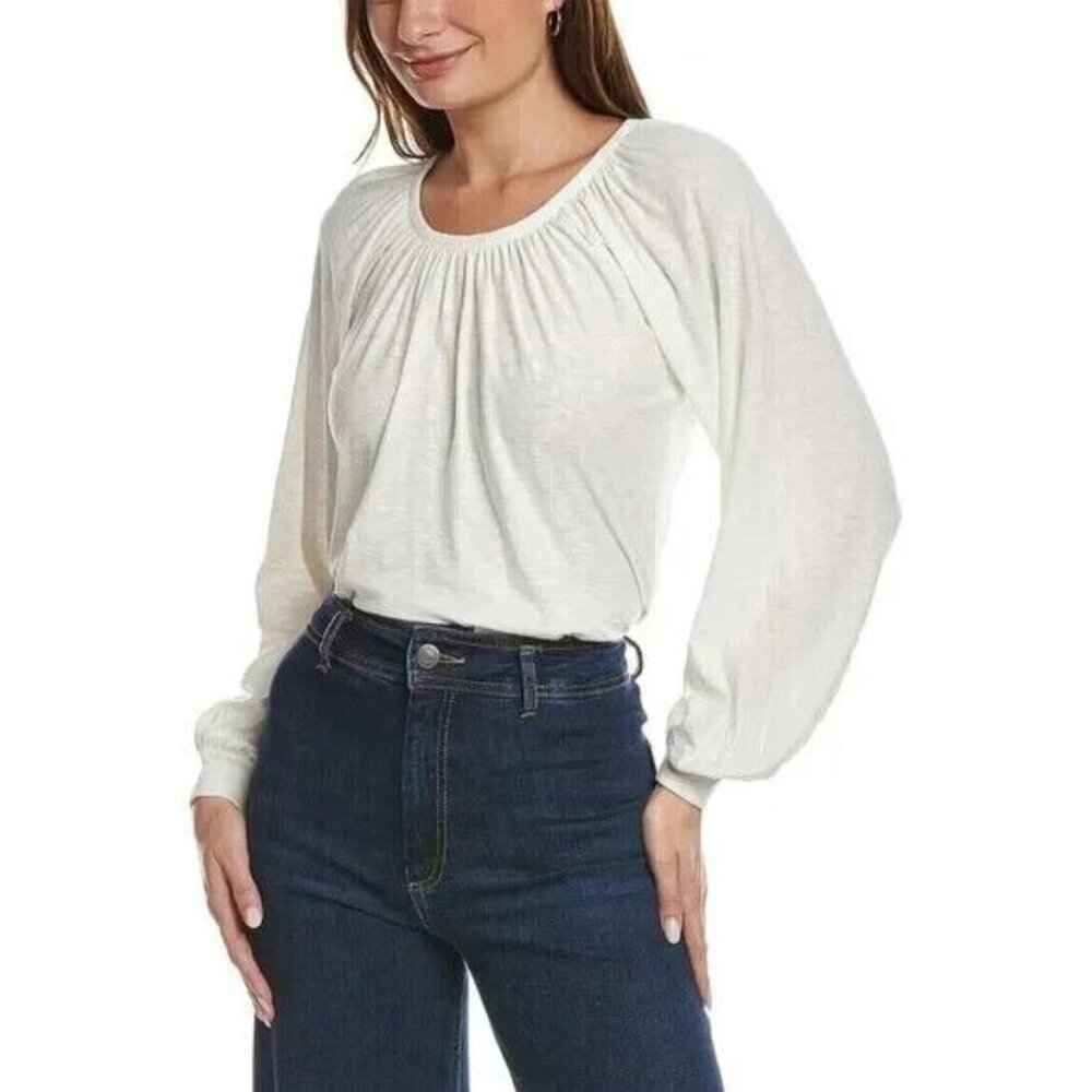 Nation LTD Womens Sloane Elastic Neck Long Sleeve‎ Top Relaxed Fit White Medium